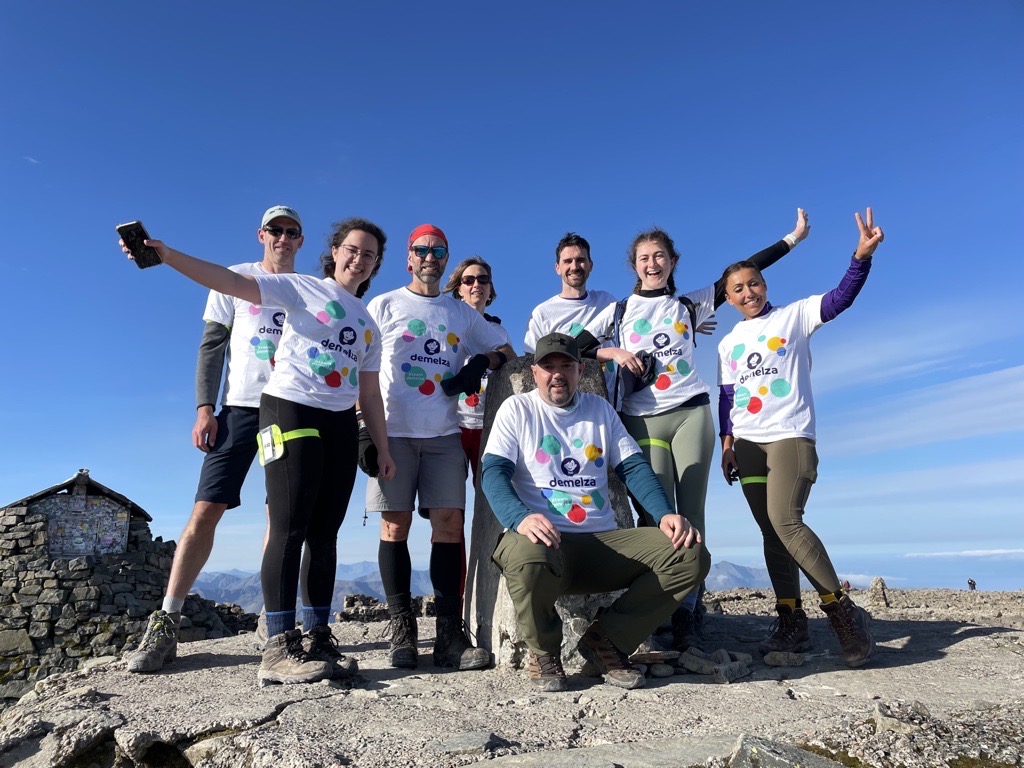 Group of eight people wearing dementia awareness t-shirts standing on a mountain summit with clear blue sky, taking a selfie to celebrate a charity hike