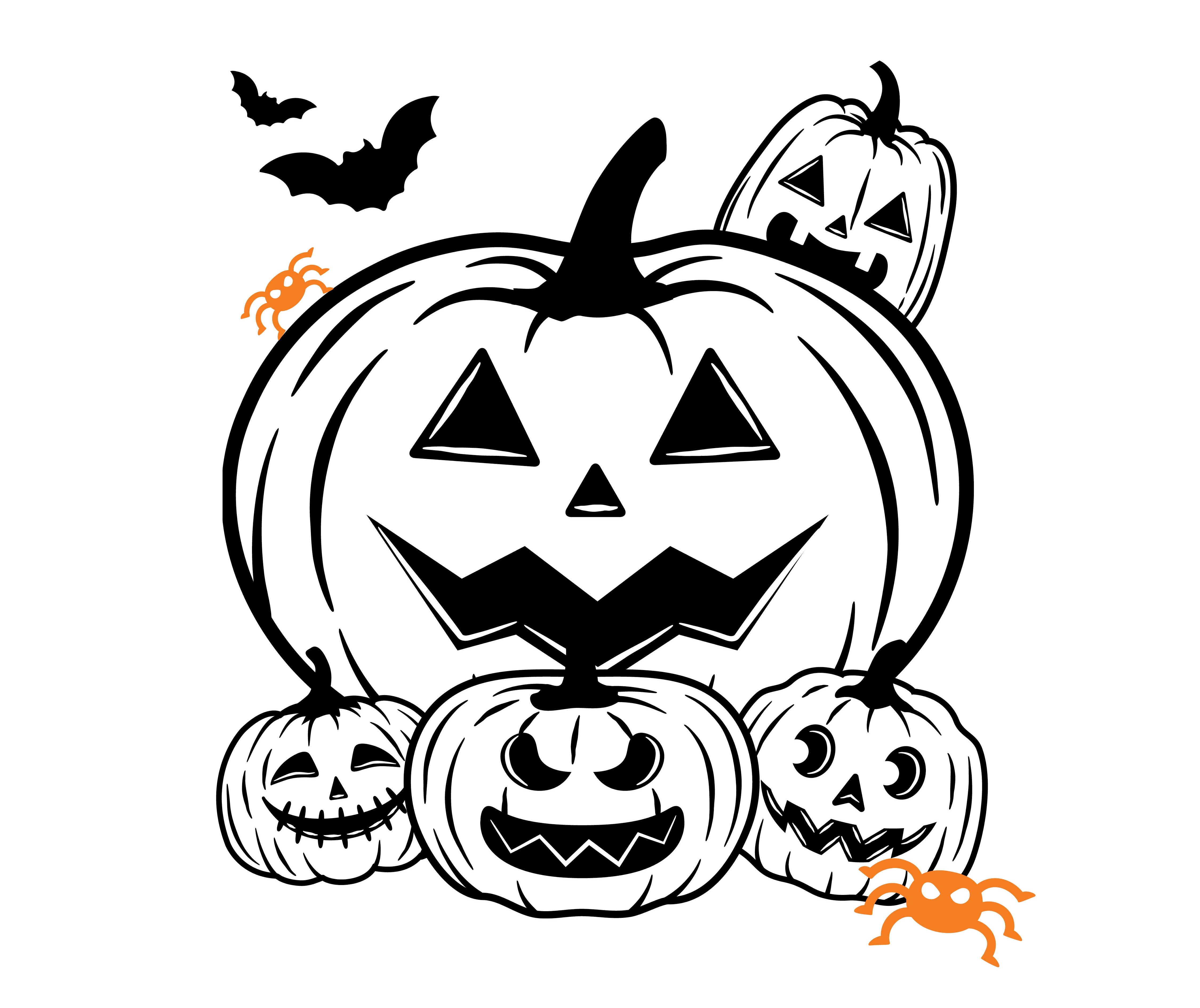Group of five carved jack-o'-lantern pumpkins with various facial expressions, surrounded by black bats and orange spiders, perfect for Halloween decorations or festive illustrations.