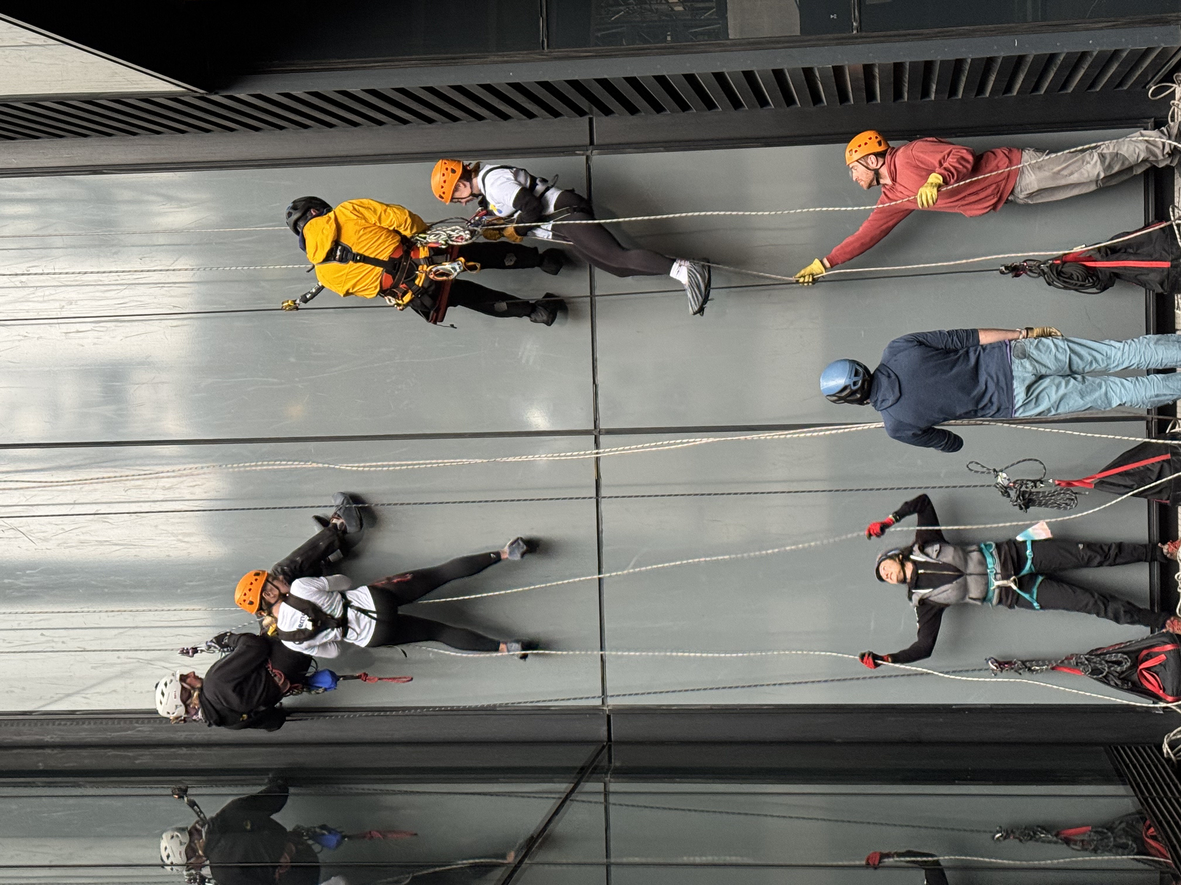 Abseilers coming down the building