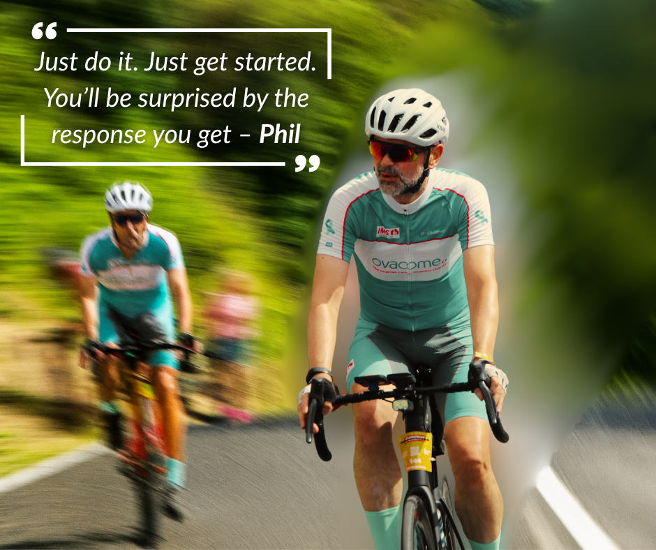 A cyclist in ovacome branded top with a motivational quote