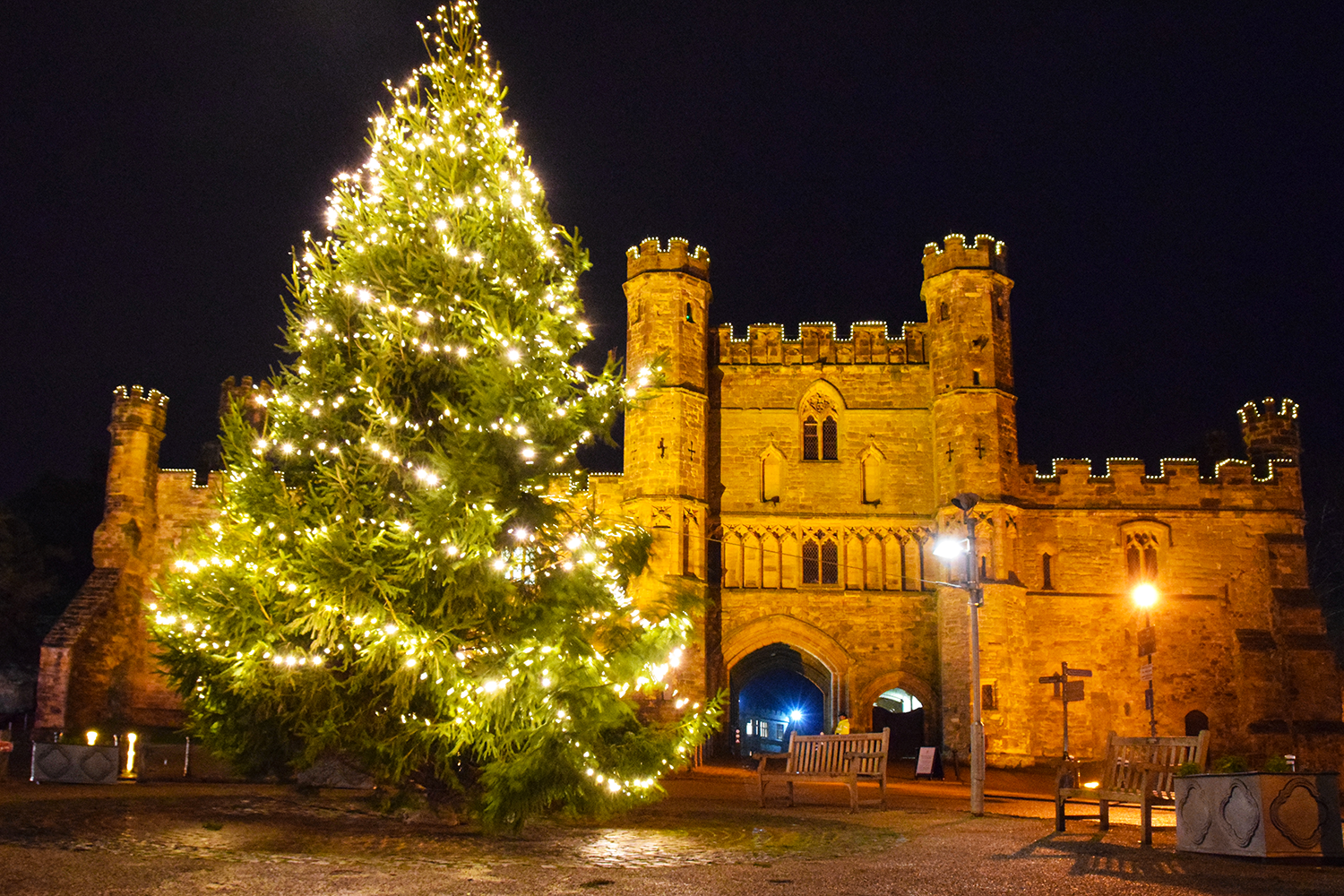 Battle Abbey at Christmas with a Christmas tree