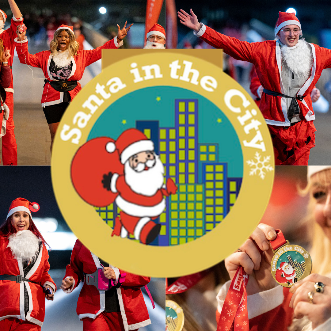 'Collage of 'Santa in the City' festive fun run featuring participants in Santa costumes, celebrating, running, and holding medals, with central logo showing Santa carrying a sack against a city skyline.