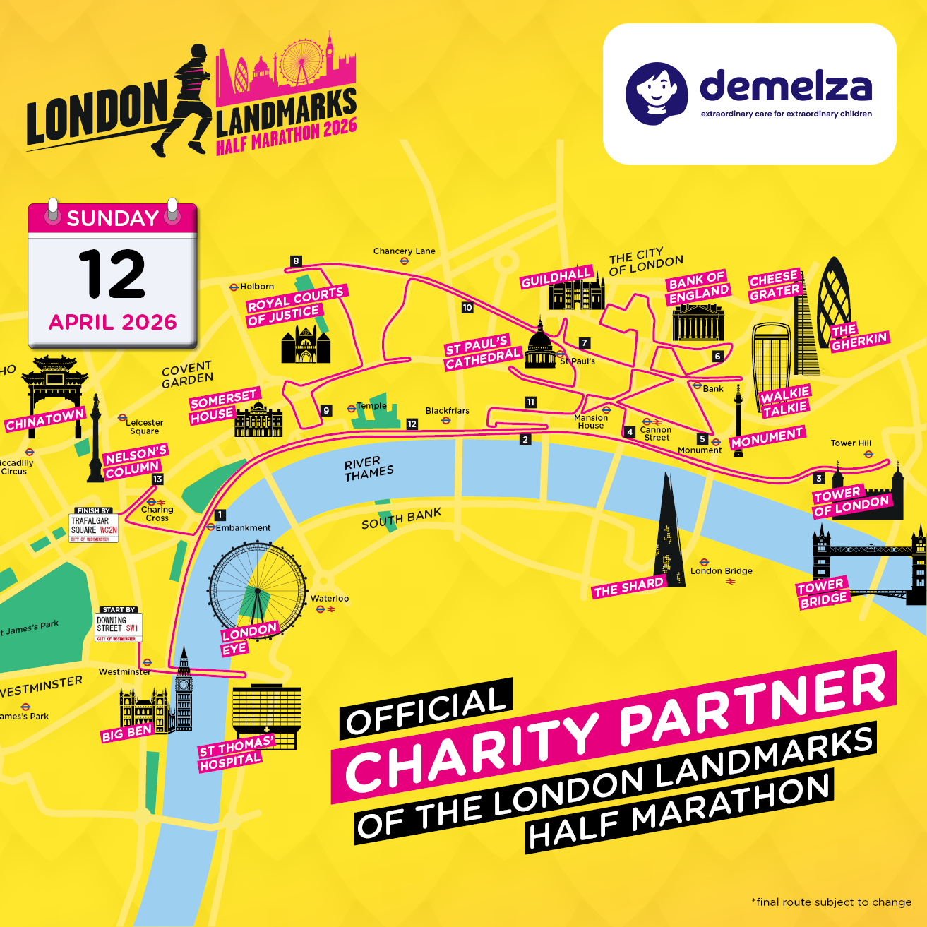 Promotional poster for the London Landmarks Half Marathon 2026, featuring a central London route map with landmarks like Big Ben, London Eye, St Paul's Cathedral, and Tower Bridge; event date is Sunday 12 April 2026, with Demelza as the official charity partner