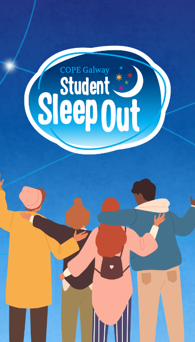 illustration with the back of 4 teenagers celebrating with the student sleepout logo  above